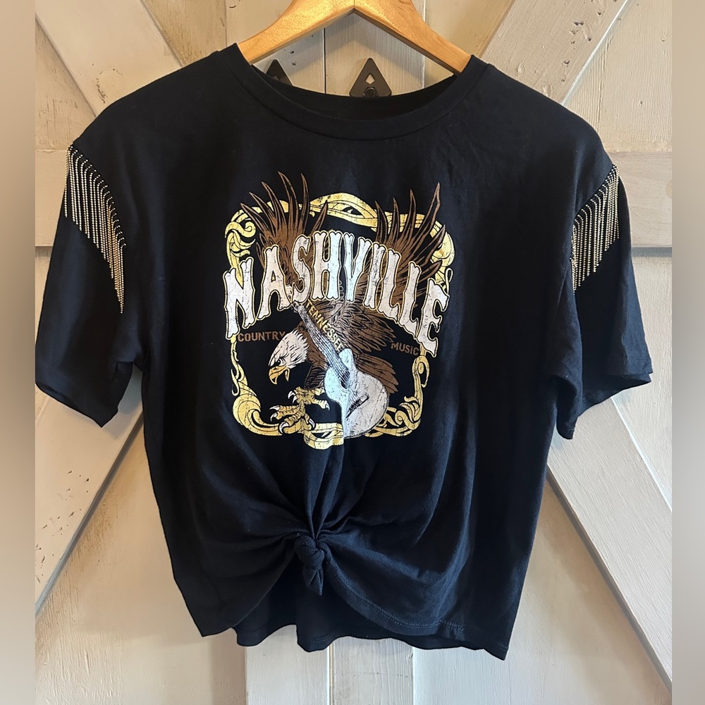 Nashville Graphic Tee Rhinestone Fringe Shoulders Organic Generation